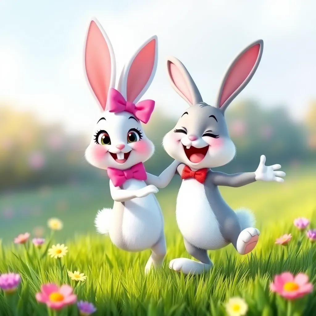 A cheerful bunny named Bella, with soft white fur and a pink bow, dancing next to Sammy in a grassy meadow, both smiling and celebrating their friendship, colorful, whimsical