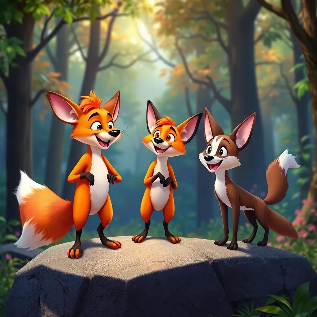 A playful fox named Felix, with orange fur, standing on a rock, cracking jokes with Sammy and Bella, a vibrant forest backdrop, lively and joyful, cartoonish