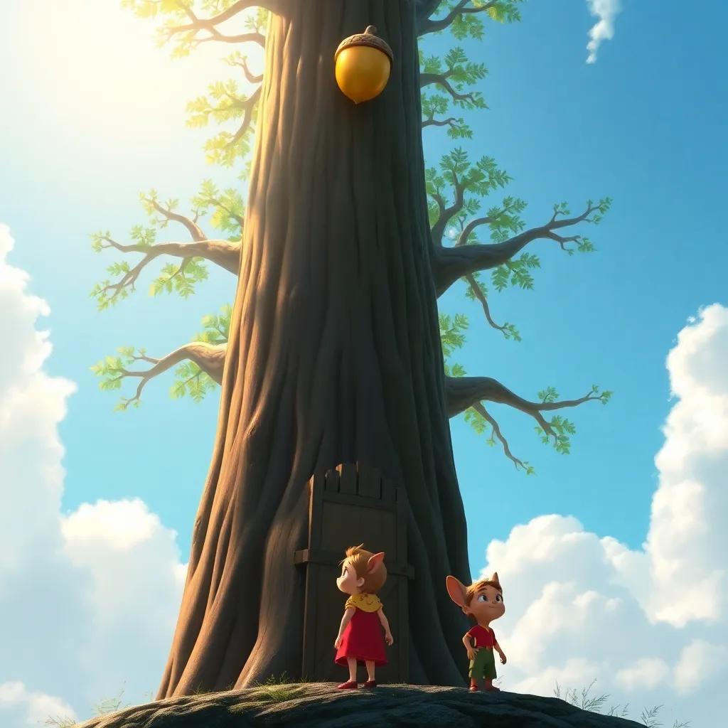 A tall tree with a golden acorn shimmering at the top, Sammy, Bella and Felix looking up with awe, a bright blue sky and fluffy clouds surrounding them, magical atmosphere
