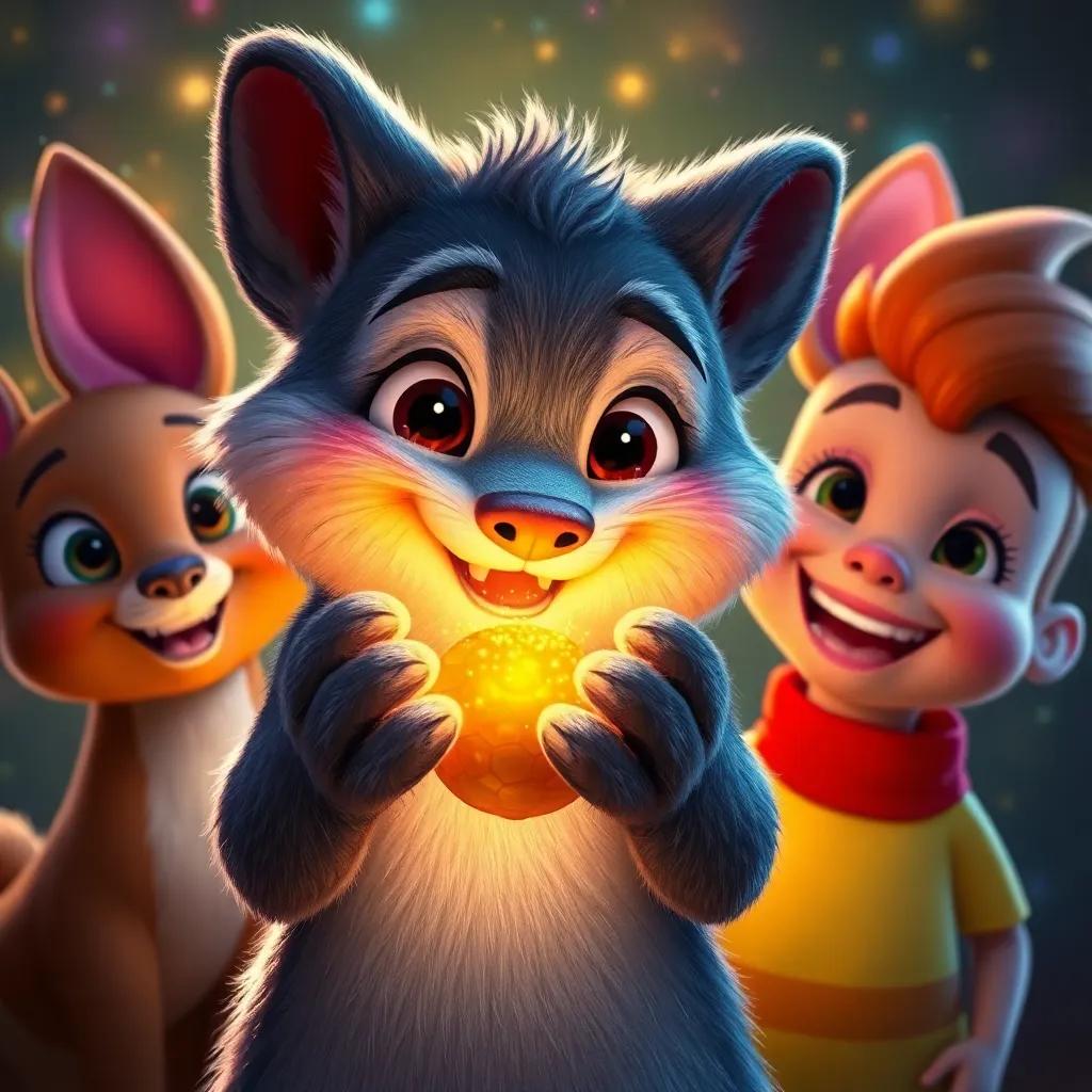 A close-up of Sammy holding the golden acorn glowing in his paws, surrounded by colorful sparks, with Bella and Felix smiling brightly beside him, bright and joyful, enchanting