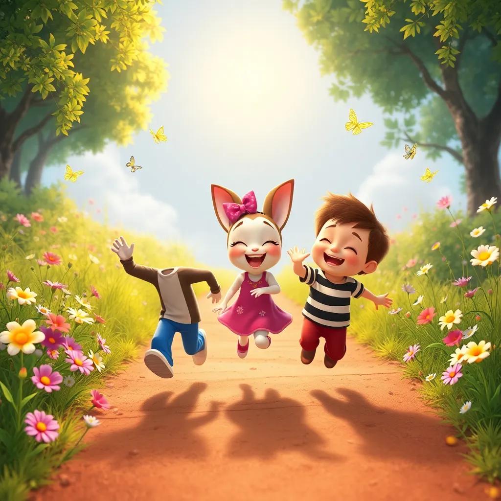 Sammy, Bella and Felix hopping down the path, laughing together with the sun shining down, filled with flowers and butterflies, cheerful scene, heartwarming