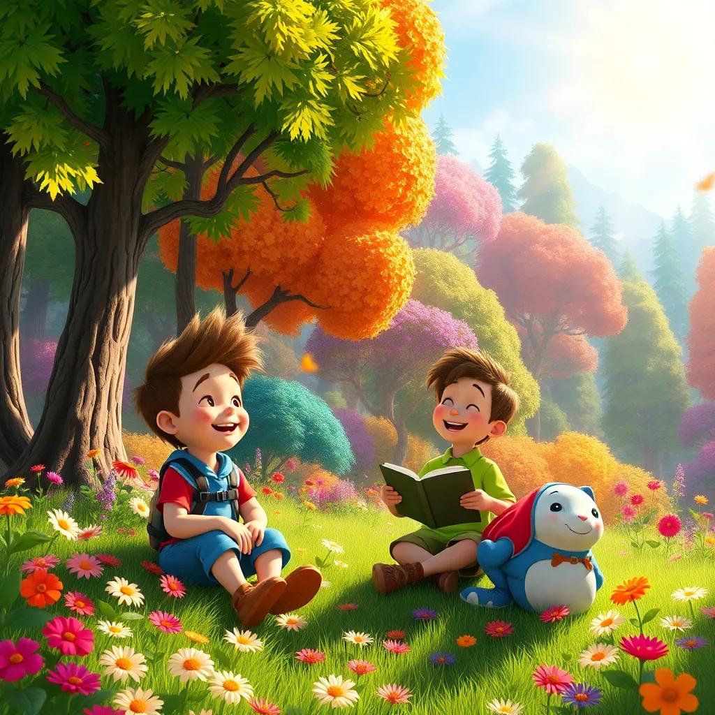 A vibrant forest filled with colorful trees and flowers, Sammy and his friends sharing stories and laughing under the sunshine after their adventure, happy and radiant