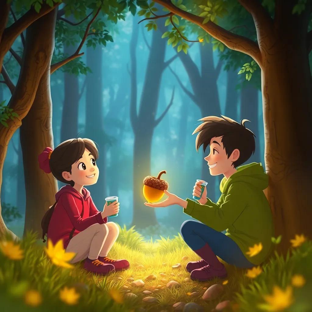 A cozy forest glade with the friends sharing snacks and looking at the golden acorn, soft light glowing around them, a scene of friendship and joy, uplifting
