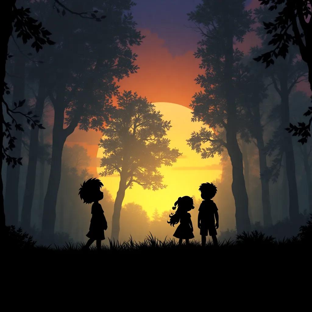 A magical evening scene in the forest, silhouettes of Sammy, Bella, and Felix against the sunset, where they made their wishes and shared dreams, serene, inspirational