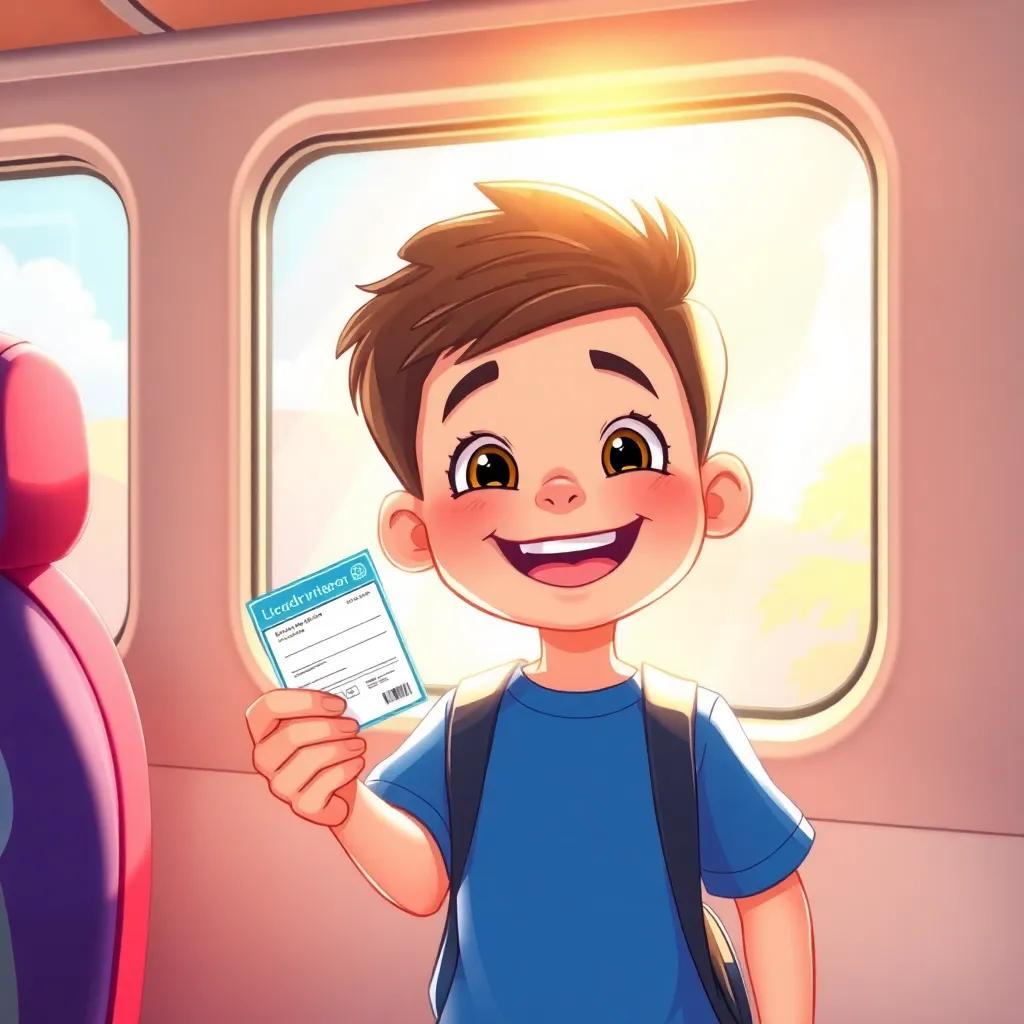 A happy passenger, looking excited, holding a ticket in his hand, standing near a window seat, sunlight streaming through the window, vibrant colors, child-friendly illustration