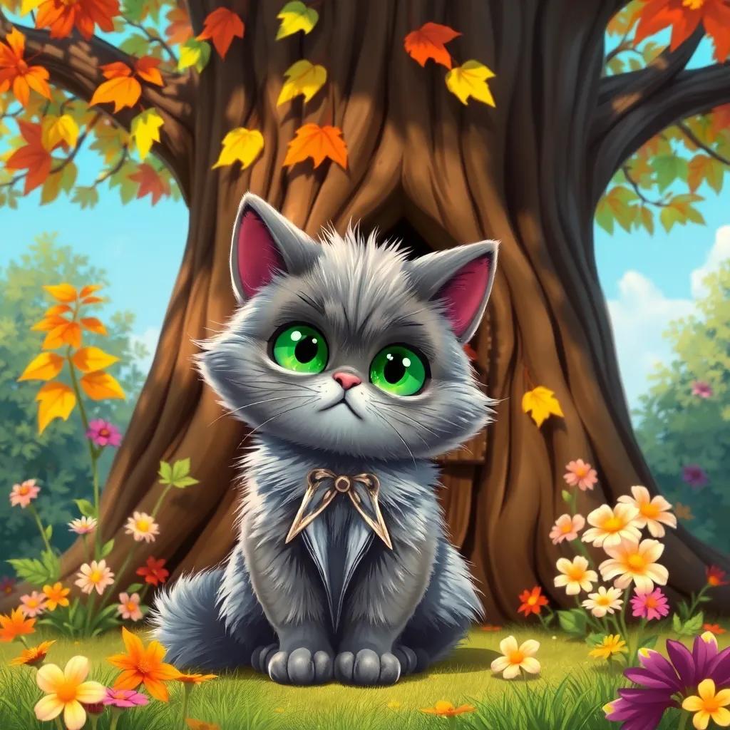 A fluffy gray cat with bright green eyes, Cookie, sitting in front of a big tree with a tiny hidden door, colorful leaves and flowers around, cheerful atmosphere, digital art, vibrant colors, sunny, detailed, whimsical