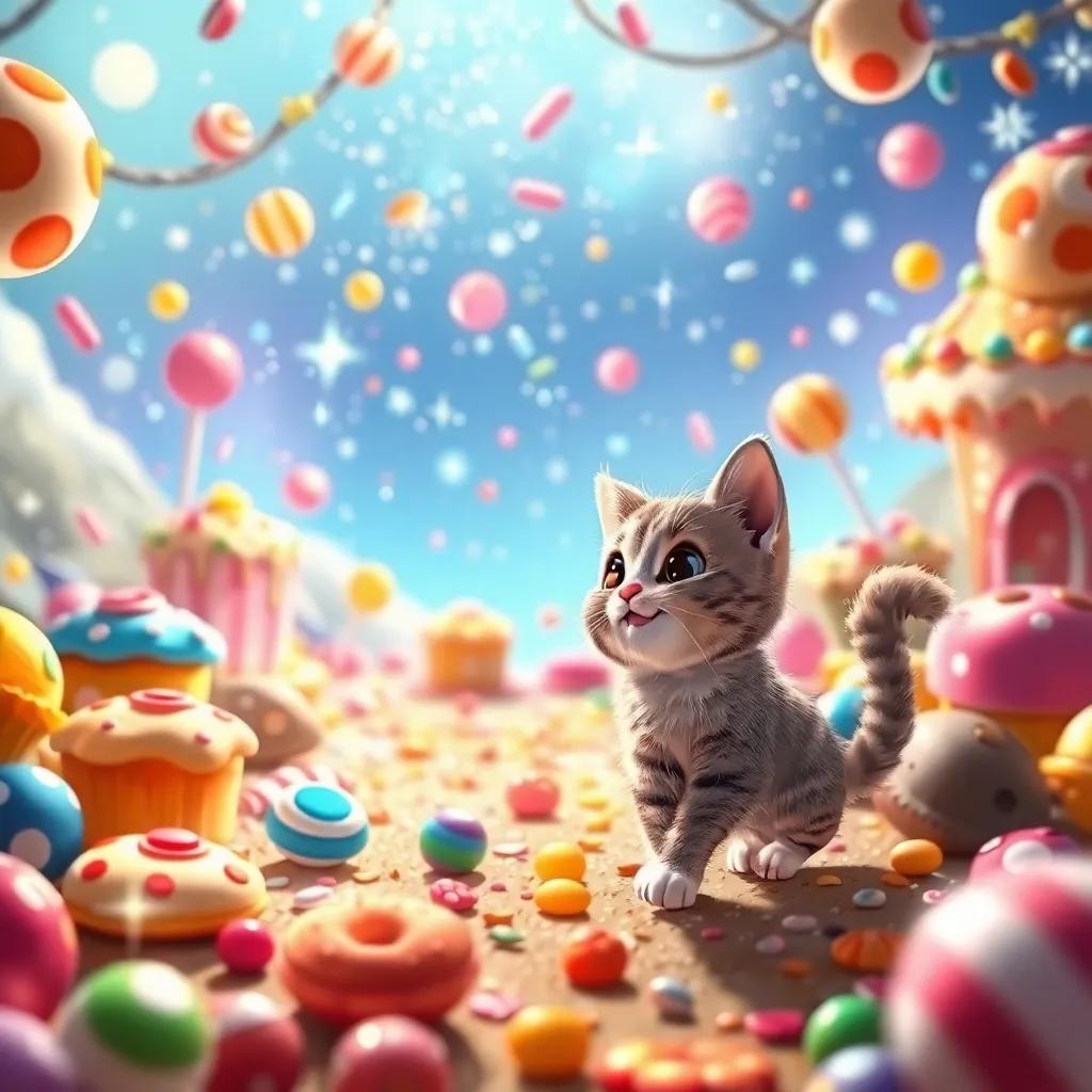 A magical land with colorful treats like cookies, candies, and cakes, Cookie the cat exploring with excitement, sparkling and shimmering, bright colors, fantasy scene, high quality