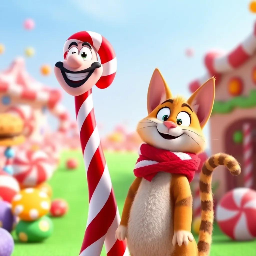 Benny, the tall candy cane man with a big smile, dressed in red and white stripes, standing beside Cookie the cat in the candy land, cheerful and friendly, bright and colorful background, joyful setting