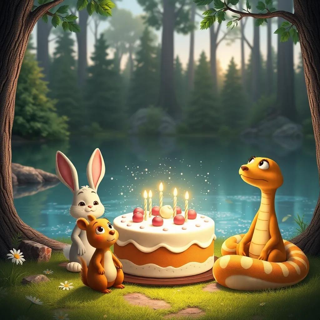 A group of forest animals, a sad bunny, a squirrel, and a friendly snake sitting by a giant cake by a sparkling lake, looking up at Cookie and Benny, colorful and inviting scene, heartwarming