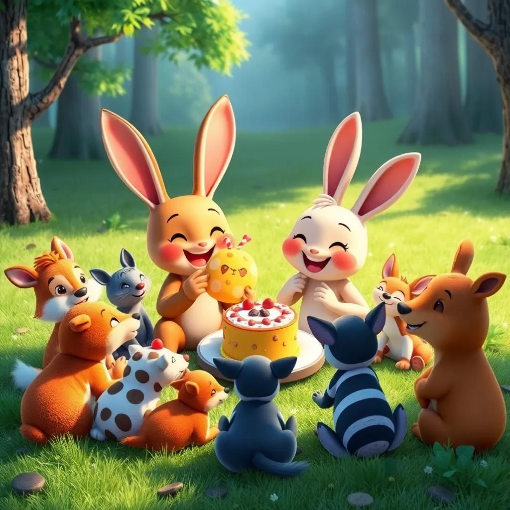 Cookie and Benny sharing cakes and sweets with the forest animals, all smiling and happy, sitting together in a circle on a grassy patch, bright colors, joyful atmosphere, high quality