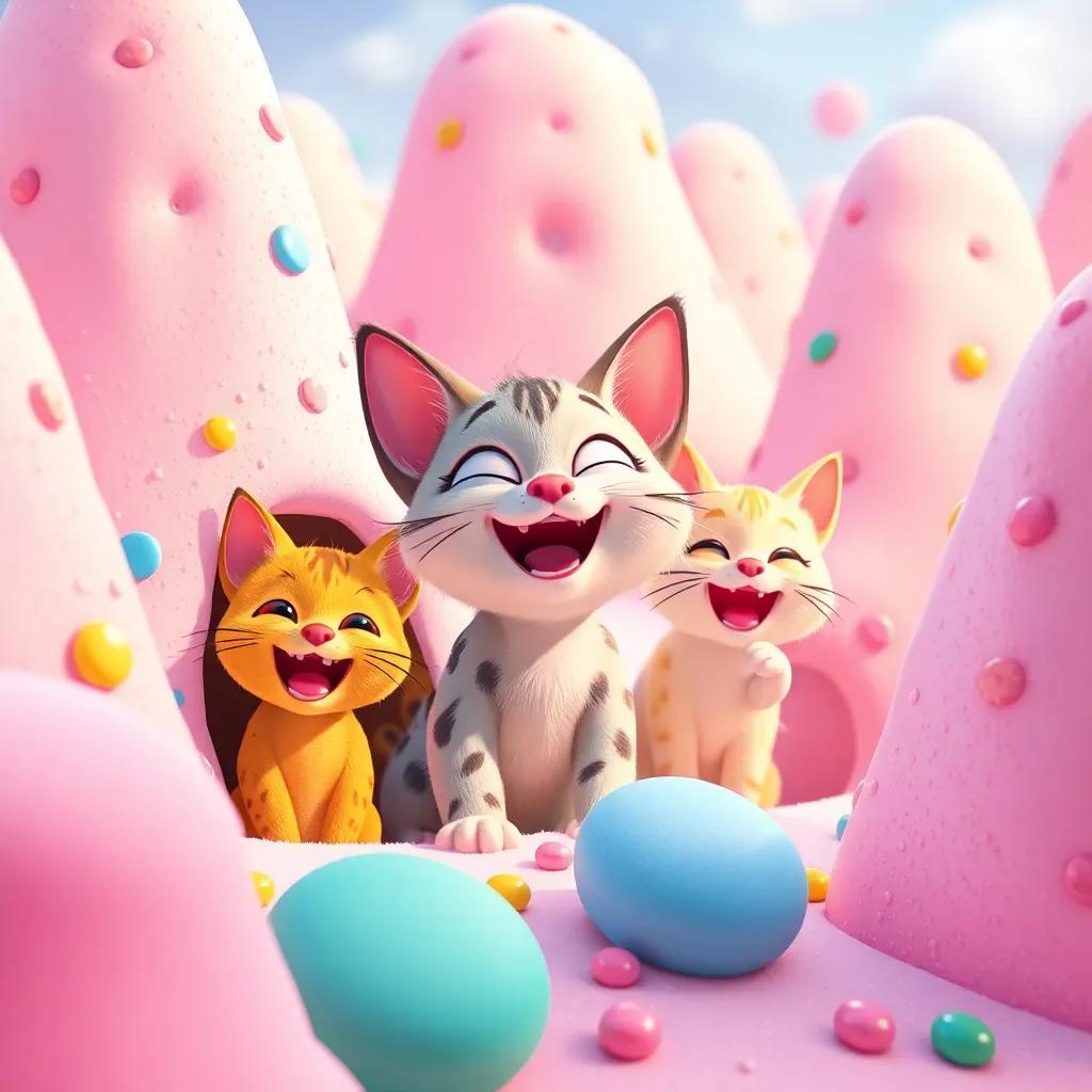 Cookie the cat and her new friends playing hide and seek among the marshmallow mountains, laughing and having fun, colorful candy landscape, cheerful and bright scene
