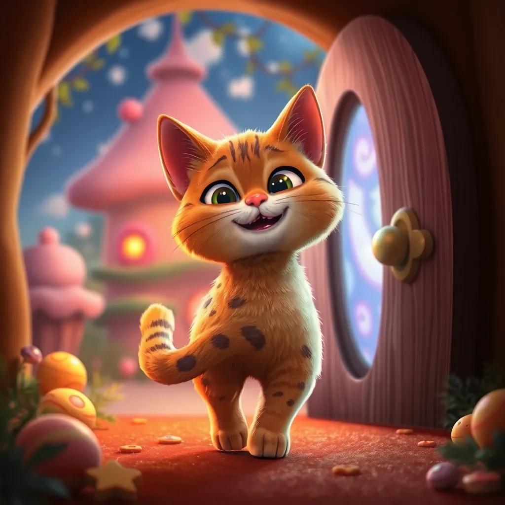 Cookie the cat, with a happy expression, walking back through the tiny door, looking back at the magical land filled with treats, warm colors, inviting atmosphere
