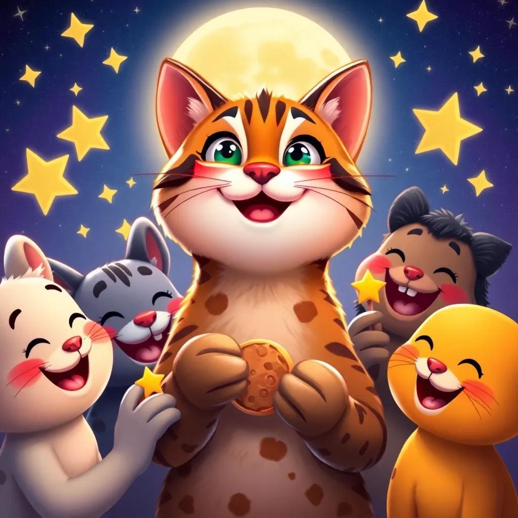 Cookie, the cat, surrounded by friends, smiling and sharing treats, with a background of sparkling stars and moon, emphasizing sharing and friendship, colorful and whimsical, high quality