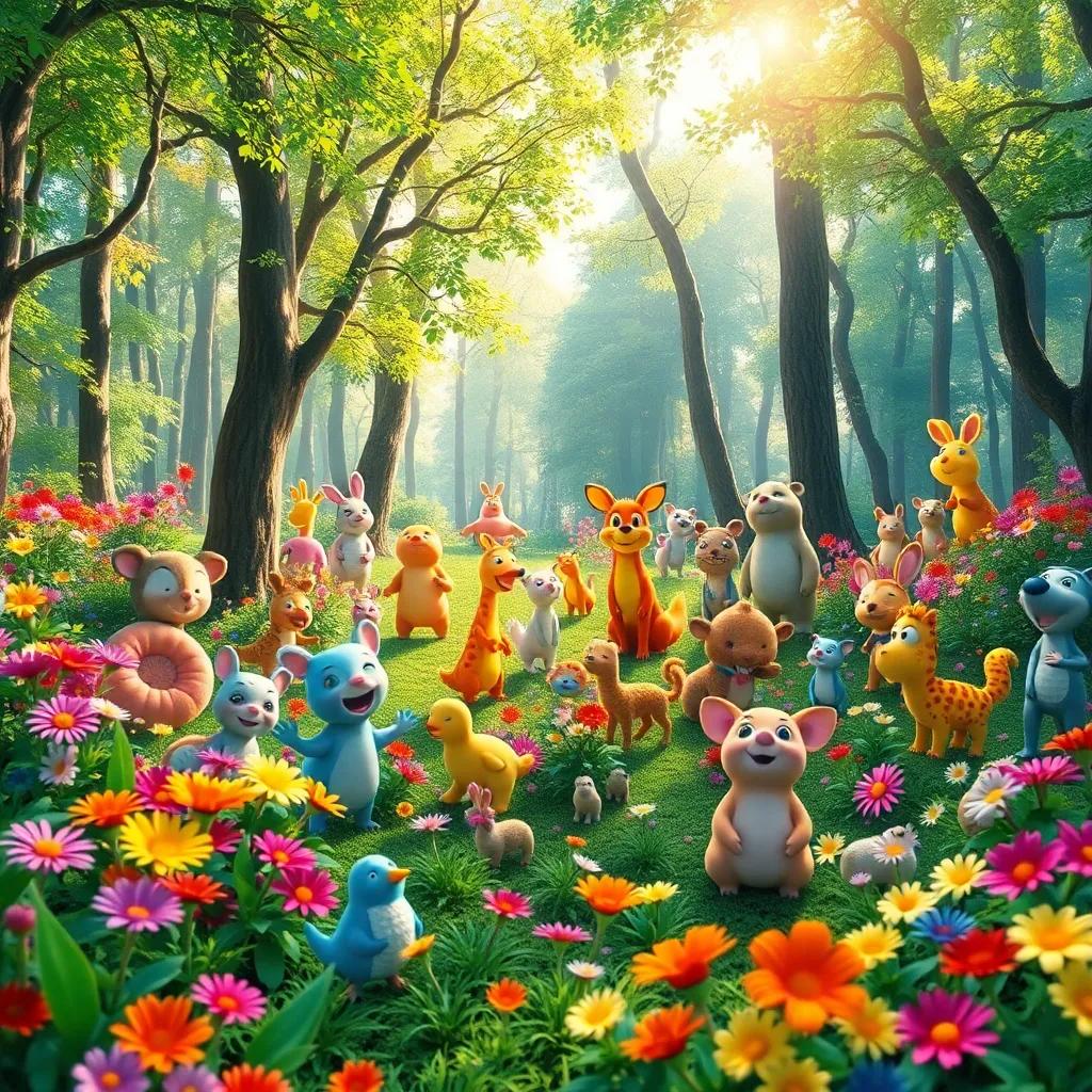 A vibrant forest with many happy animals, colorful flowers, and sunlight filtering through the leaves, digital art, cheerful and bright atmosphere, high quality