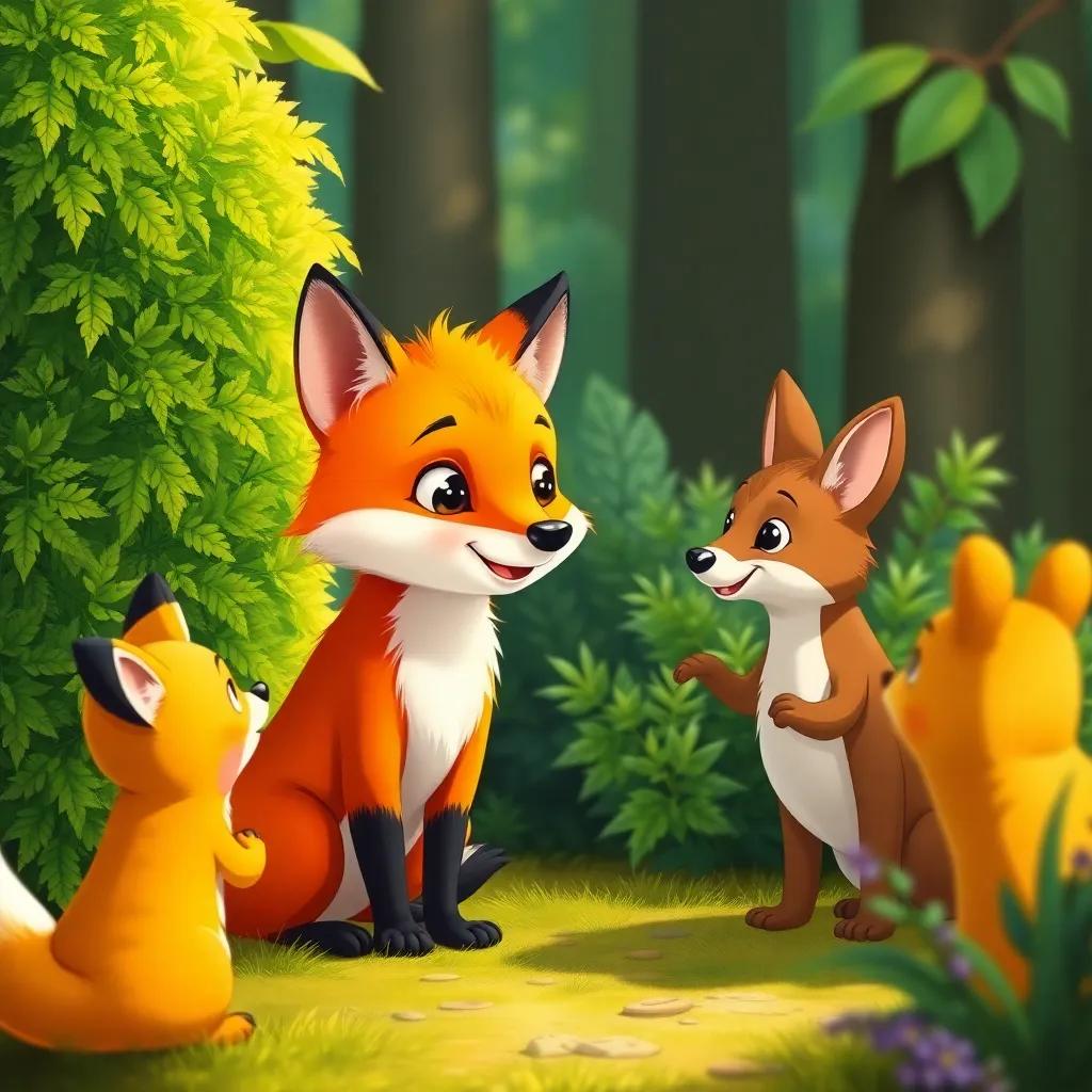 A clever little fox with orange fur talking to other animals in the forest, standing by a bright green bush, illustrations, friendly mood, inviting setting