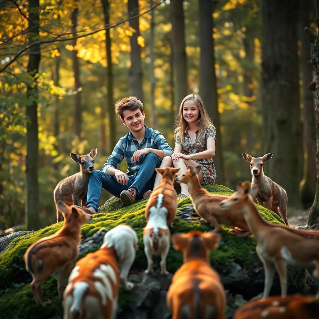 Tom and Lily, a man and a woman, sitting on a mossy rock with animals gathered around curiously, forest setting, warm sunlight, joyful gathering