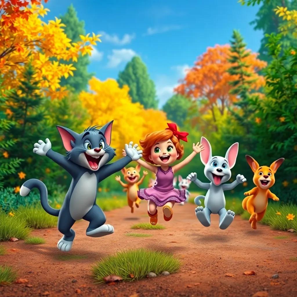 Tom, Lily, and a group of animals dancing and jumping excitedly on a path in the forest, colorful scenery, dynamic and lively colors, adventurous feel
