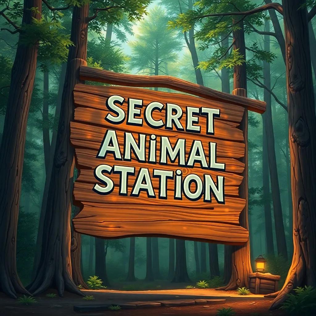 A giant wooden sign that reads 'Secret Animal Station,' surrounded by tall trees, glowing with magic, enchanting atmosphere, detailed illustration