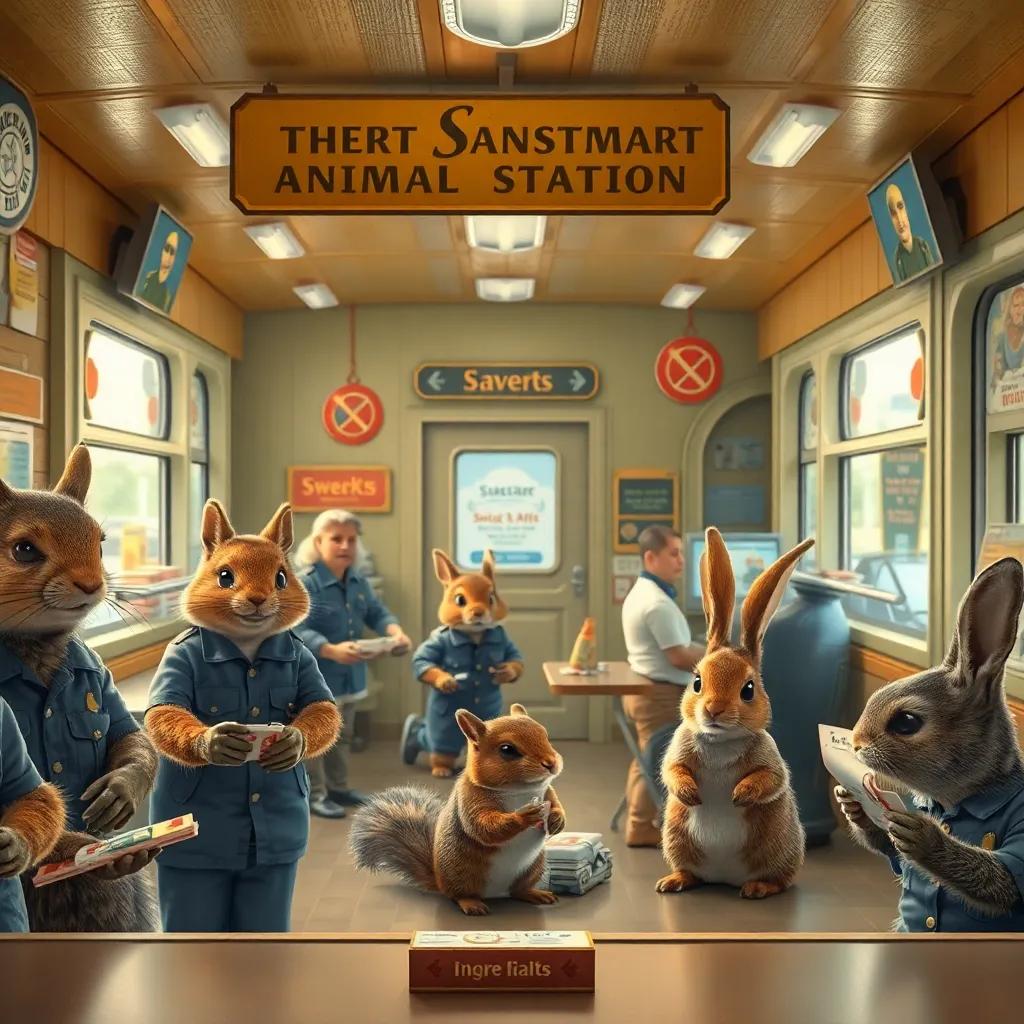 An inside view of the Secret Animal Station bustling with animals in uniforms, squirrels serving snacks, rabbits checking tickets, lively and fun