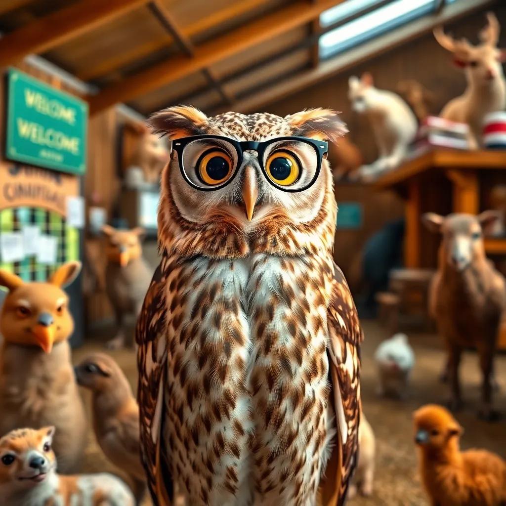 A wise old owl wearing glasses, standing in the animal station, surrounded by busy animals and showcasing a welcoming expression, warm colors, inviting scene