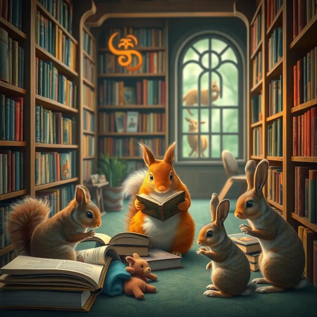 A library filled with books about animals, with squirrels reading and rabbits playing, cozy atmosphere, imaginative details