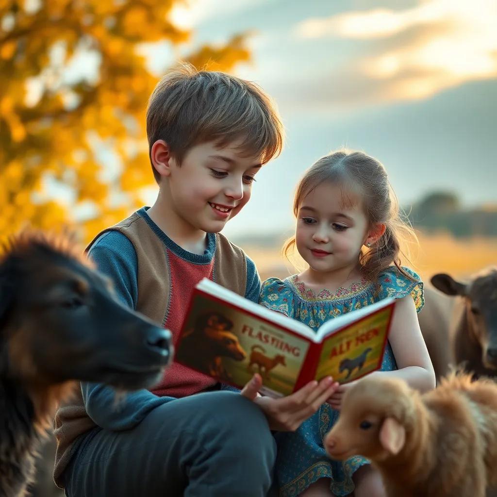 Tom and Lily with the animals, learning and sharing stories, beautiful sunset light, feeling of wonder and connection, heartwarming composition
