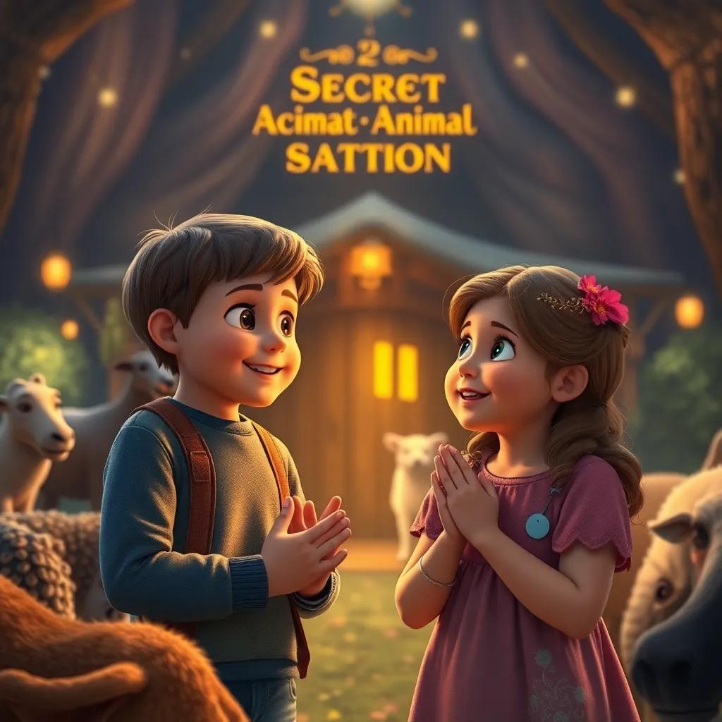 Tom and Lily looking grateful at the animals, with the Secret Animal Station glowing warmly behind them, magical atmosphere, rich and inviting colors
