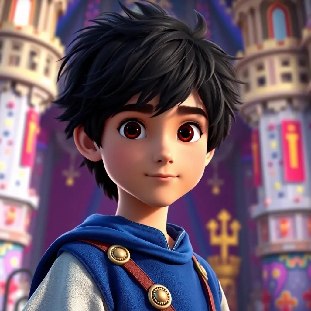 A young prince named Axel, about 10 years old, with tousled dark hair, wearing a royal blue tunic, standing in a grand castle filled with colors, digital art, vibrant colors, bright and lively atmosphere, high quality