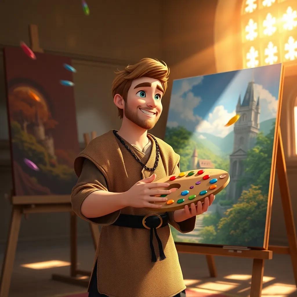 Axel painting with a palette, wearing a soft tunic with colors flying around him, a large canvas depicting a beautiful scenery, sunlight streaming through the castle windows, warm light, cheerful, creative scene, high quality
