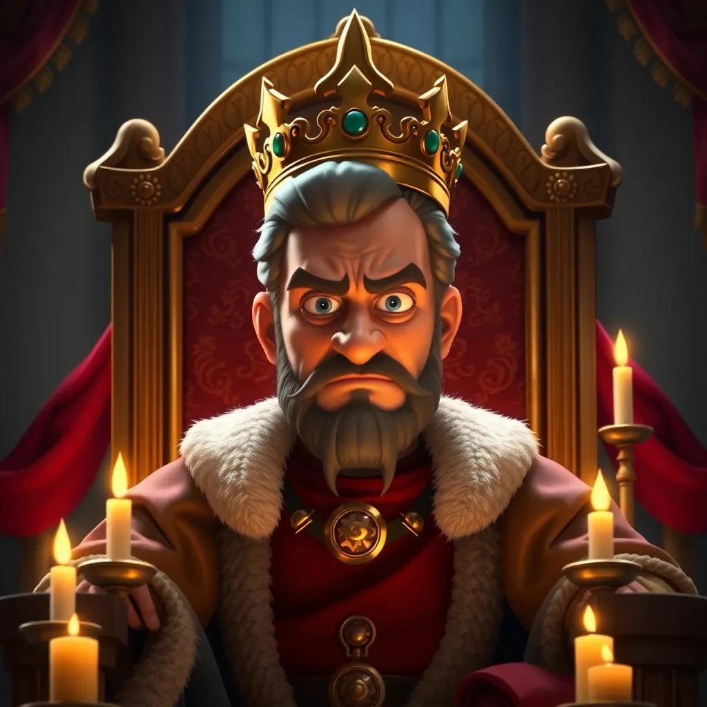 The King, a middle-aged man with a crown, in regal robes, seated on a grand throne with a frown, surrounded by colorful banners and candles, digital artwork, rich colors, dramatic atmosphere, high quality
