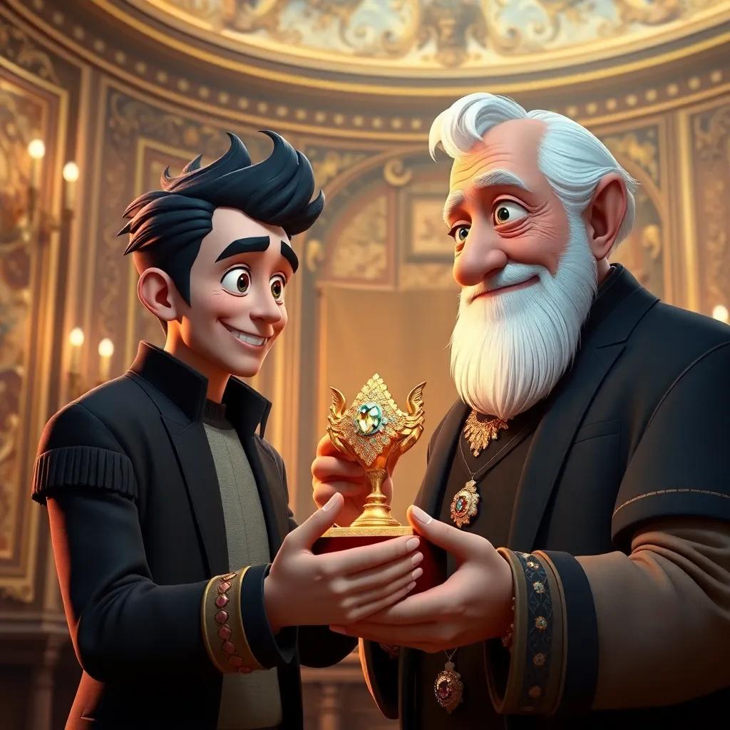 Axel and the renowned artist Boris, the artist, older man with a wise face, presenting a jewel-encrusted statue, in an ornate room with intricate designs, soft light, majestic background, high quality