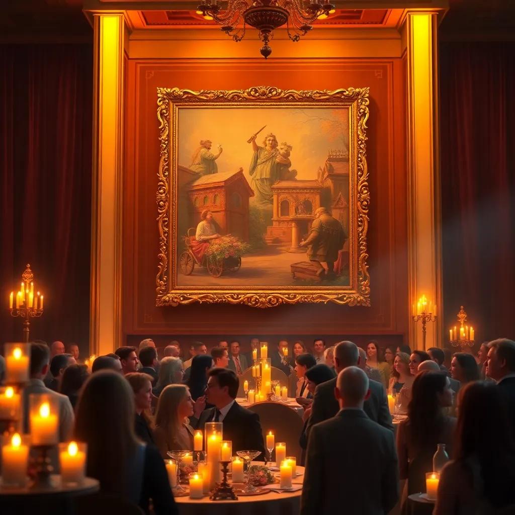 The grand event, with Axel’s painting hanging prominently, filled with guests admiring and smiling, candlelit room with decorations, warm golden light, lively atmosphere, high quality