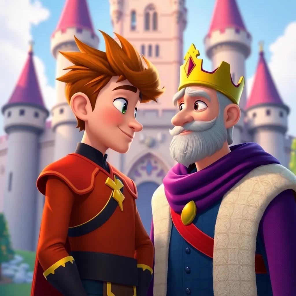 Axel speaking softly to his father, the King, both looking proud in front of the castle, bright colors, a sense of unity pouring from their expressions, heartwarming scene, high quality