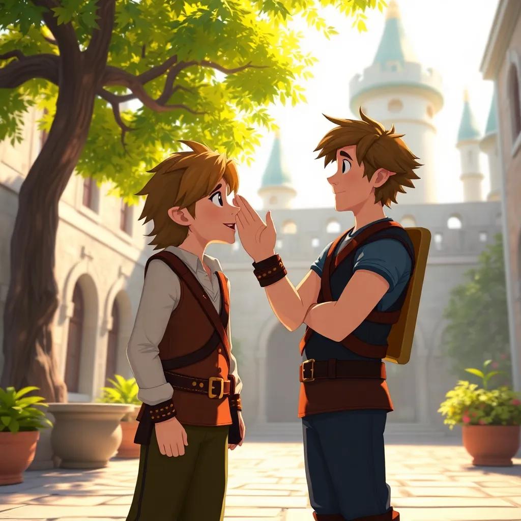 The artist whispering to Axel, both standing in the castle courtyard under a tree, surrounded by lighter hues, lively and encouraging expressions, illuminated by gentle sunlight, high quality