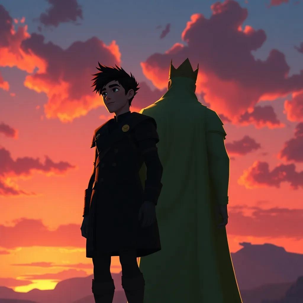 A symbolic moment where Axel is standing tall, with the King beside him, both glowing in a sunset sky, with dark shades emphasizing their light, digital art, emotional, powerful moment, high quality