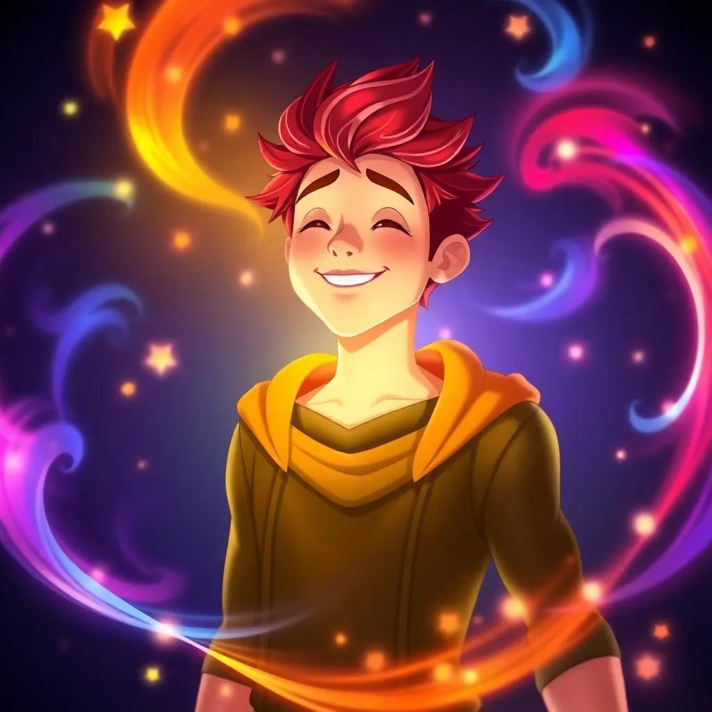 Axel radiating warmth and kindness, with bright colors swirling around him, illustrating harmony and balance, a magical feel, enchanting atmosphere, high quality