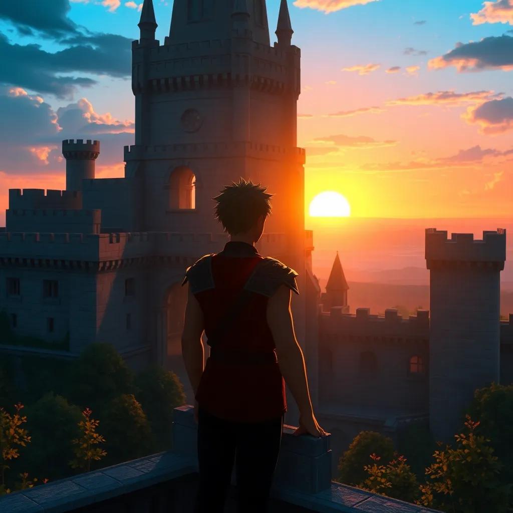 The last scene of Axel at the window of a big castle, looking out with hope, the sunset behind him illuminating the sky, symbolizing a new beginning, soft light, captivating, high quality