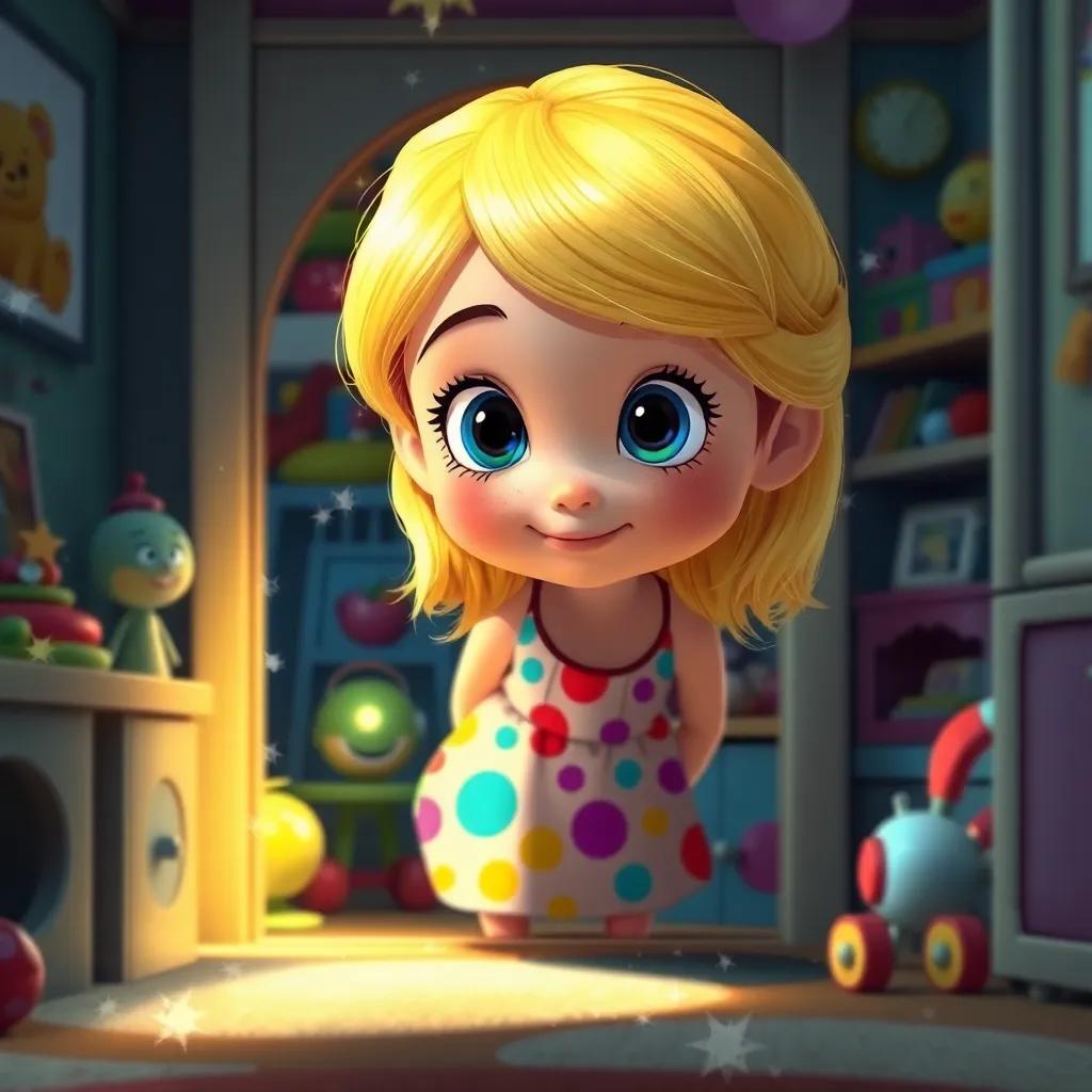 A young girl, Lucy, with blonde hair and wearing a colorful dress, exploring a hidden corner of her playroom filled with sparkling toys, bright colors, whimsical atmosphere, digital art, cheerful and inviting, high quality