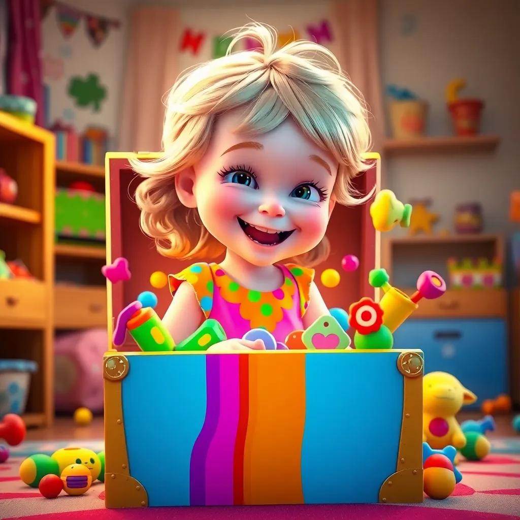 Lucy, a young girl with blonde hair in a colorful dress, joyfully opening a colorful toy chest in the playroom, colorful toys bouncing out, warm light, vibrant colors, playful perspective, artistic expression