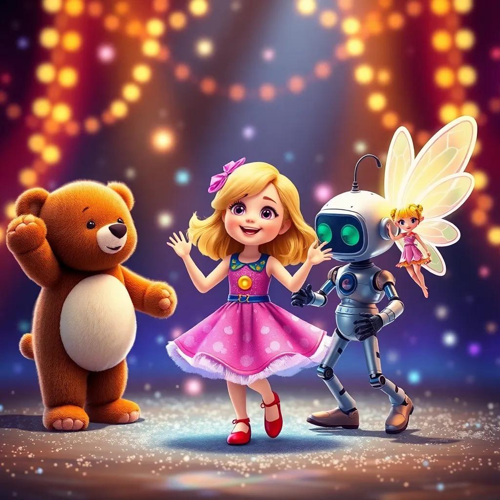 A cuddly bear, a silly robot, and a fairy doll happily dancing with Lucy, who has blonde hair and is wearing a colorful dress, surrounded by light and glitter, whimsical theme, vibrant colors, joyful scene, imaginative perspective, high quality