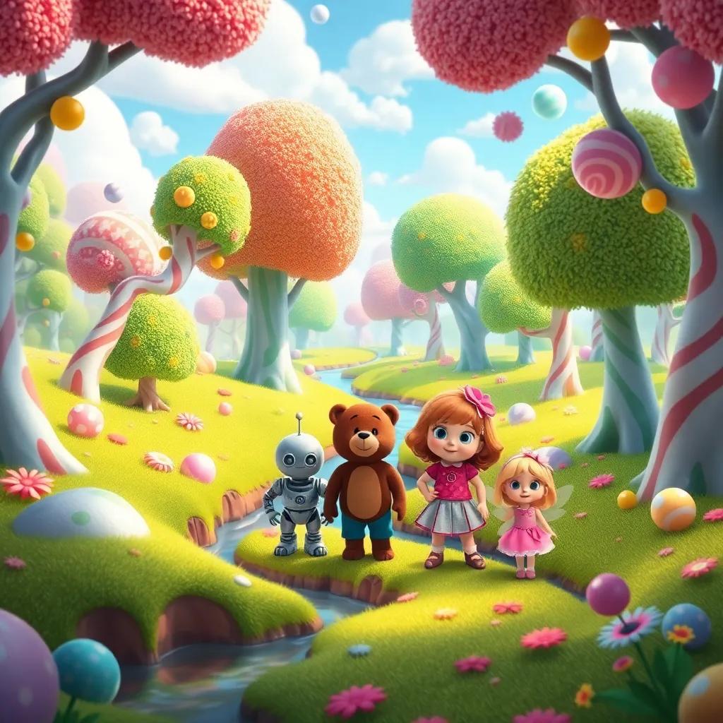 A magical land with candy trees and chocolate rivers, featuring Lucy, the cuddly bear, the silly robot, and the fairy doll exploring together, bright colors, fantastic shapes, joyful atmosphere, landscape perspective, vibrant art