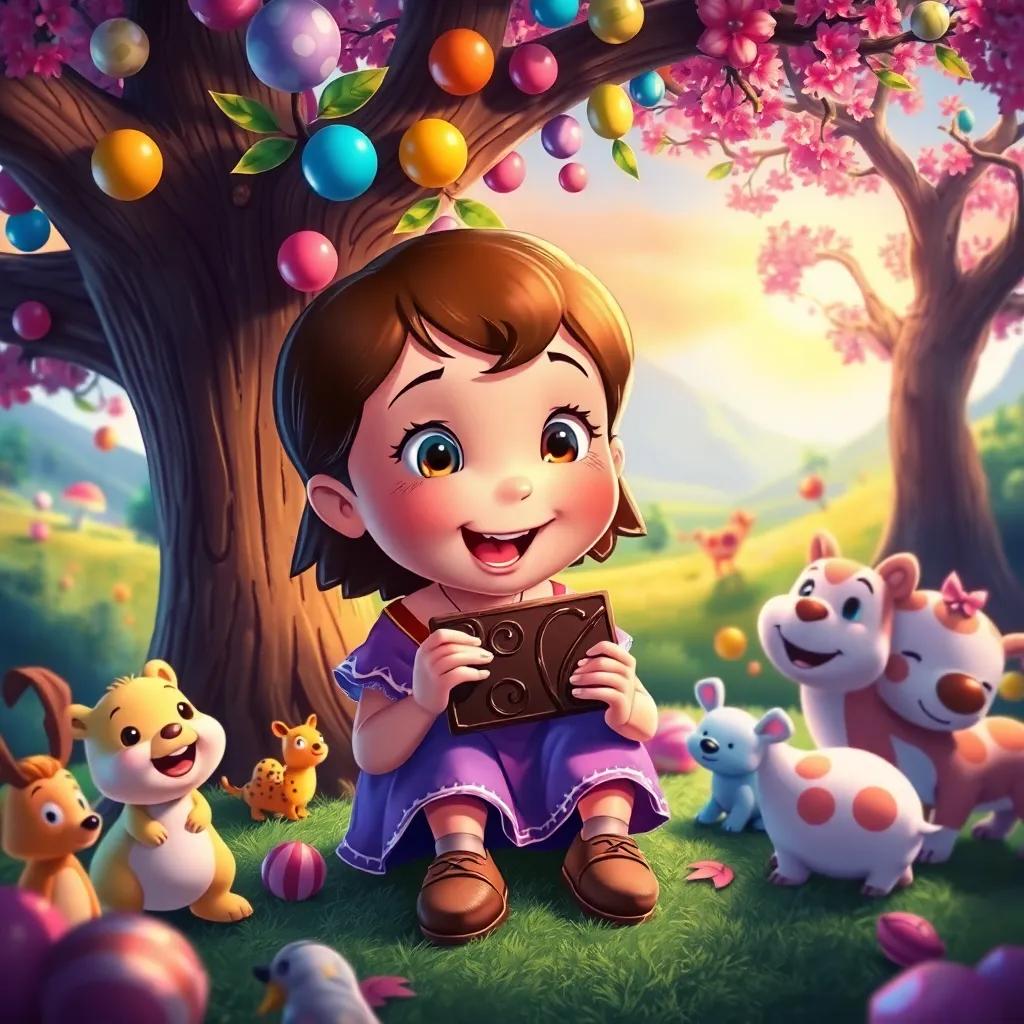 Lucy enjoying a piece of chocolate from a candy tree, surrounded by friendly animals and vivid landscapes, captivating colors, cheerful ambiance, storytelling perspective, engaging illustration