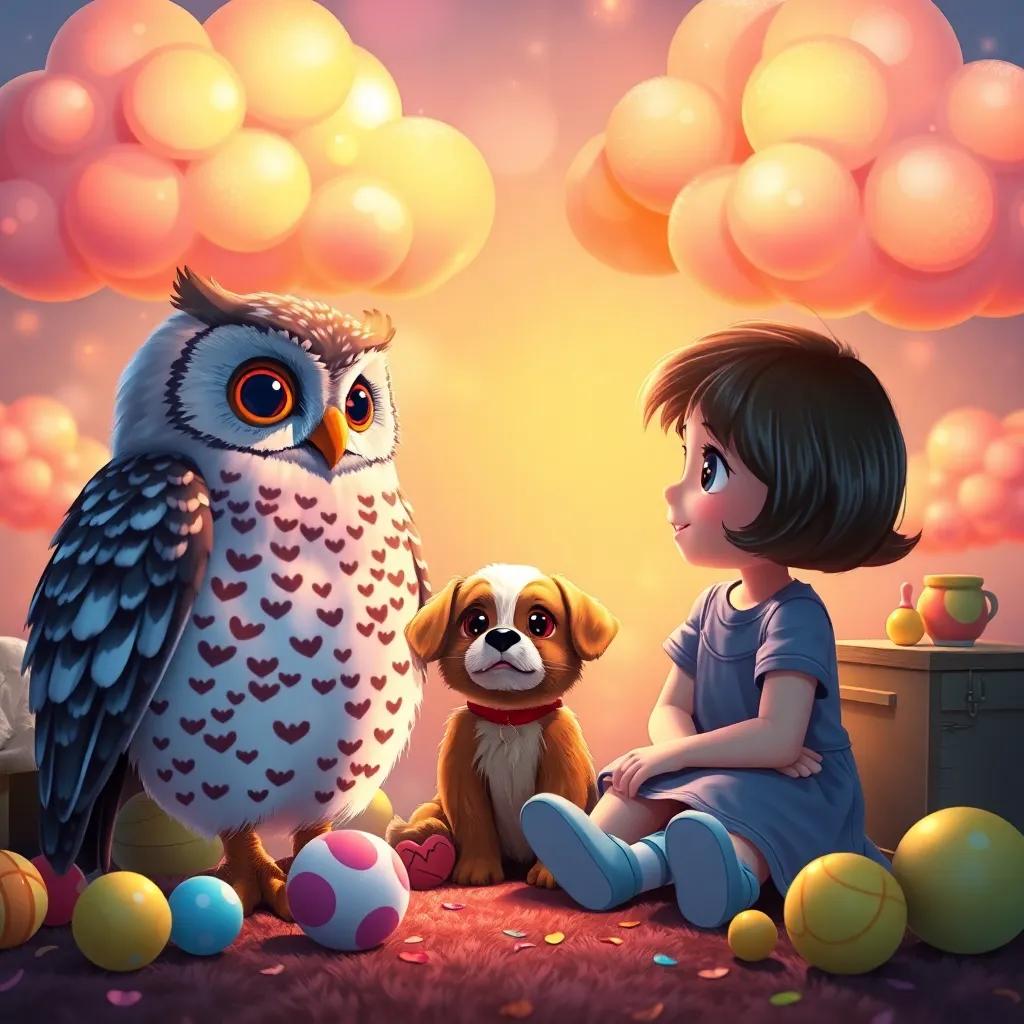 An owl and a puppy talking to Lucy, who is sitting under candy clouds, with her toys nearby, warm light and vibrant colors, magical atmosphere, inviting perspective, high quality art