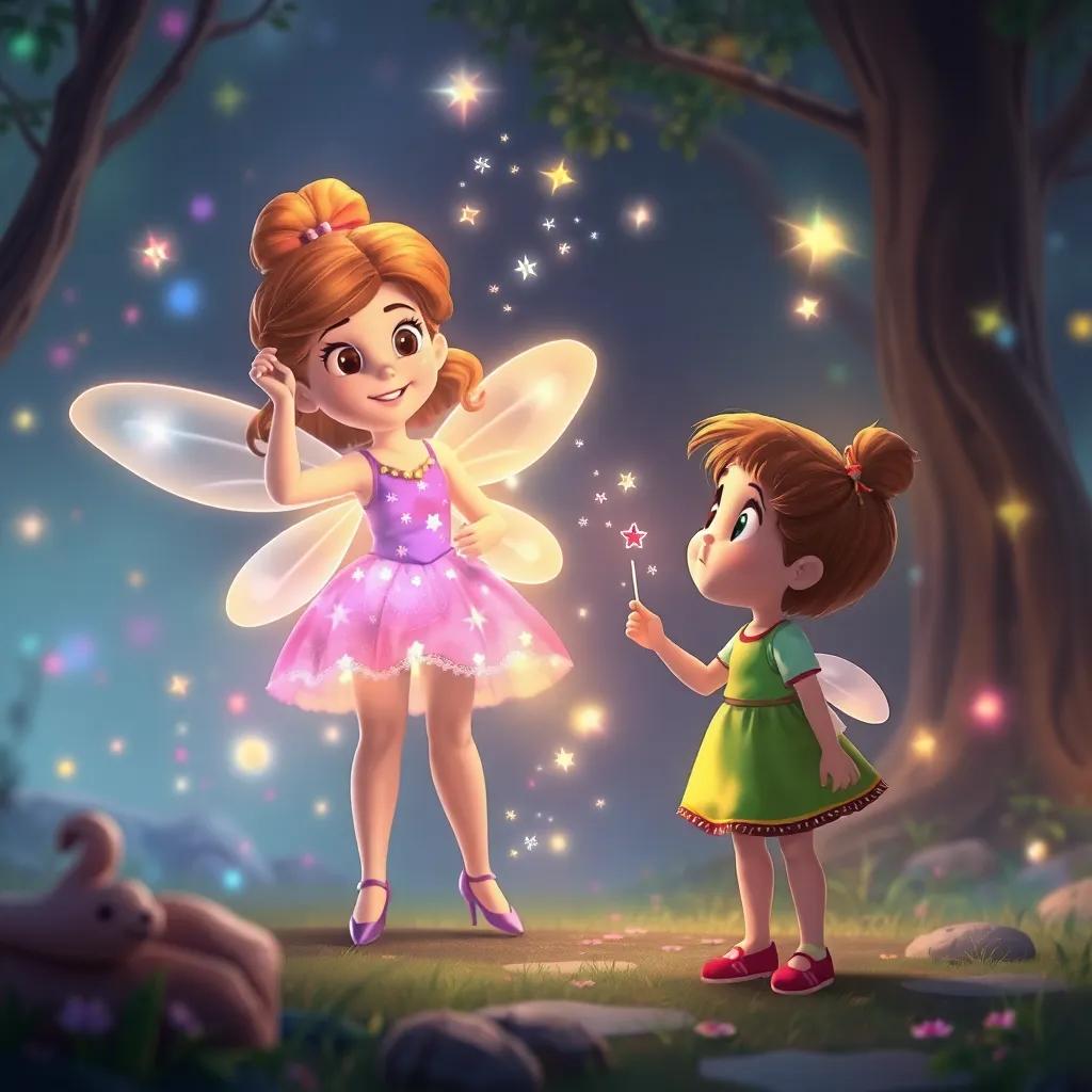 The scene transforming as the fairy waves her wand, with Lucy looking amazed as the surroundings change, colorful lights and sparkles, whimsical theme, playful art style, high quality