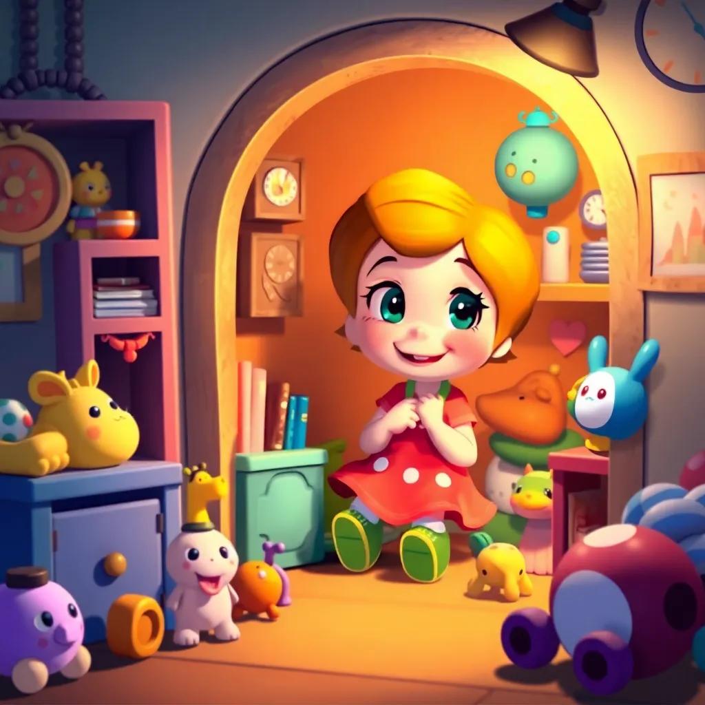 Lucy happily visiting her secret corner often, with her colorful toys around her and adventures in her eyes, inviting atmosphere, vibrant colors, engaging layout, high quality art