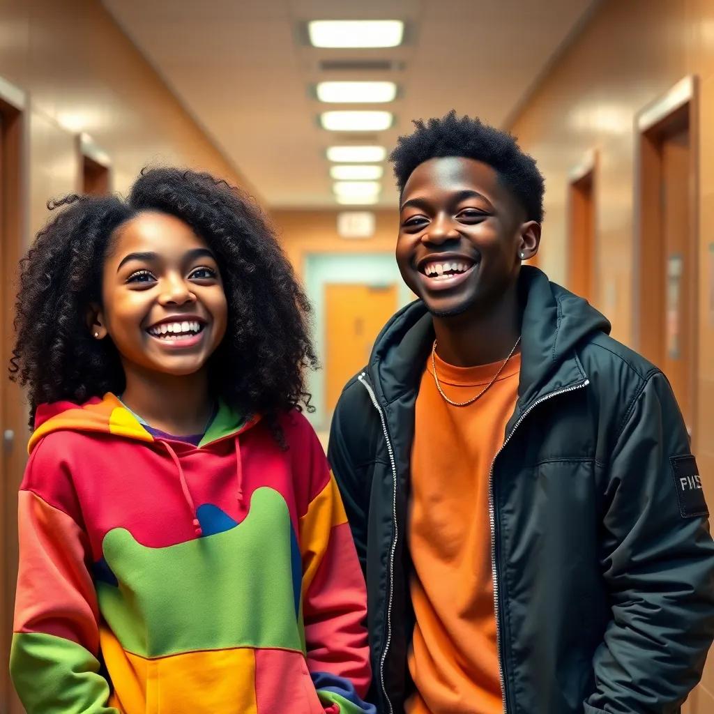 A young African American girl, Natanya Lovett, with curly hair in a colorful hoodie, standing in a high school hallway, laughing with her friend, Michael Jackson, a young African American boy with a stylish jacket, bright smile, showing their friendship, school background, digital art, cheerful atmosphere, warm lighting, detail-oriented, high-quality
