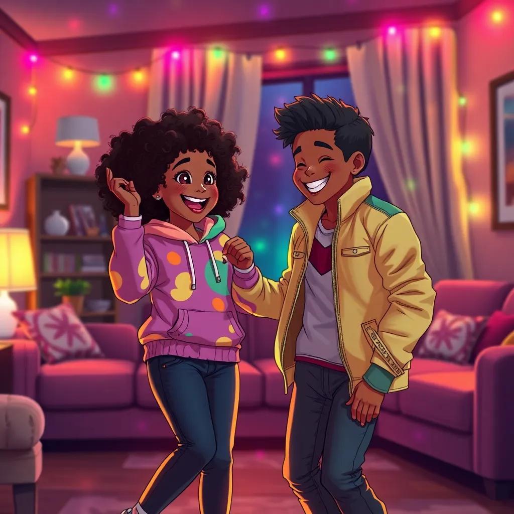 Natanya Lovett, a young African American girl, with curly hair in a colorful hoodie, dancing joyfully in a cozy living room with Michael Jackson, a young African American boy with a stylish jacket, both smiling and surrounded by colorful lights, night-time magic, illustration, fun and lively, emotional warmth, high-quality