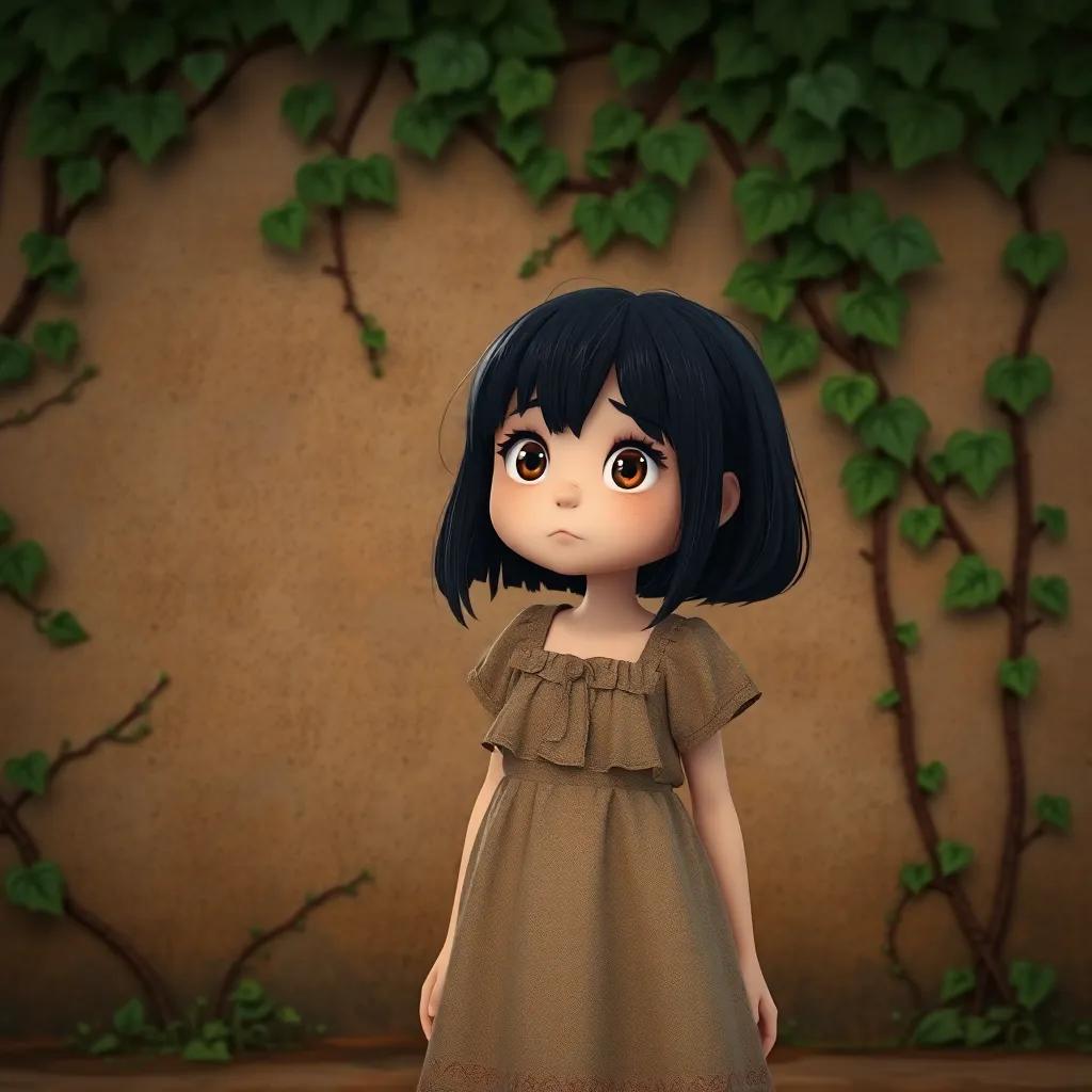 A lonely girl, Mary, with dark hair and a faded dress, standing in front of a vine-covered wall, looking curious and excited, detailed digital art, warm colors, an atmosphere of discovery, high quality