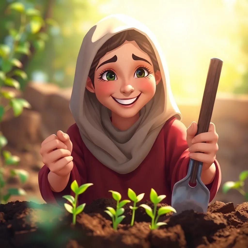 Mary with tools in her hands, showing a smile as she discovers new green sprouts in the soil, sunlight illuminating her determined face, digital painting, vibrant colors, a scene of growth and hope, uplifting