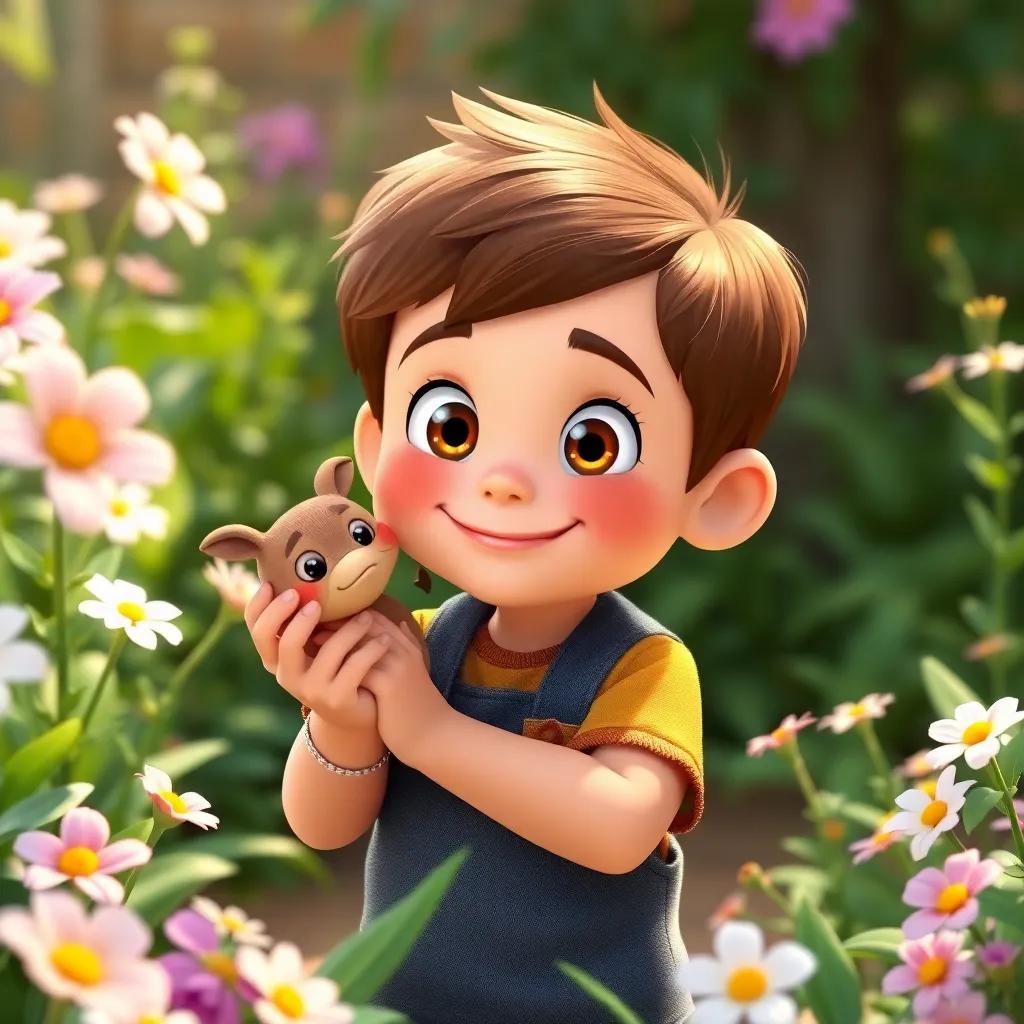A boy named Dickon with bright eyes and a friendly smile, holding a small animal while helping Mary in the garden, surrounded by blooming flowers and lush greenery, illustration, cheerful, a sense of friendship, child-friendly